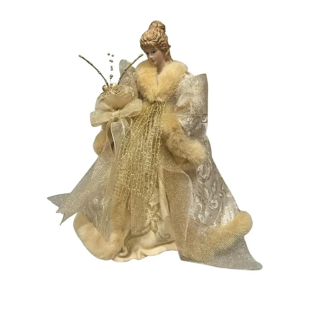 Vtg Lace Satin Angel Tree Topper/table Top Porcelain Face Embroidered 12 in Gold